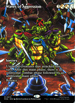 Hamburg, Germany - 02082026: detail scan of an English magic the gathering card from the Teenage Mutant Ninja Turtles Source Material Card set with the name Waves of Aggression.