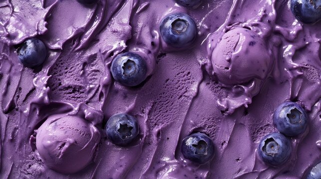 Creamy blueberry ice cream texture decorated with ripe blueberries rotating, close-up food background