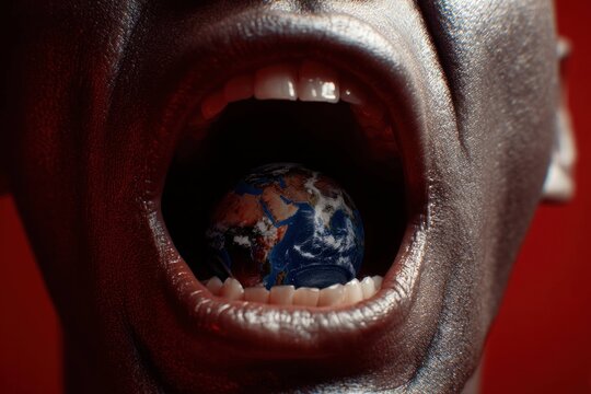 Mouth open with earth globe inside, concept of global communication, environmental awareness and human impact on planet in dark background closeup.