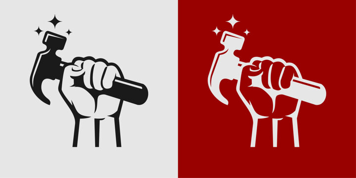 hand holding a hammer and there are stars around it vector logo isolated