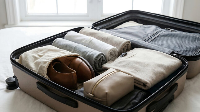 Open suitcase filled with neatly packed clothing, shoes, and accessories, resting on a bed near a window with natural light illuminating the scene