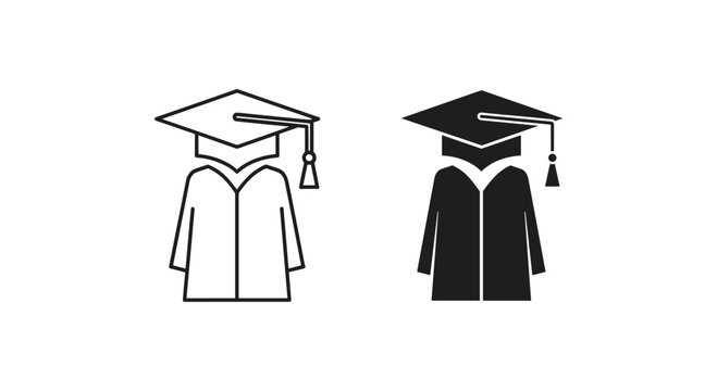 Graduation student icon set with mortarboard cap and gown, academic achievement symbols in outline and solid black vector style, university degree ceremony graphics