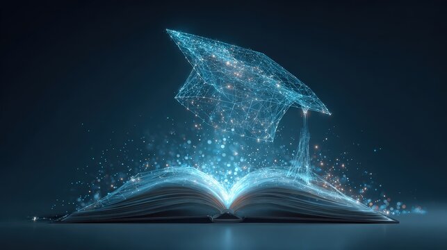 Illuminating knowledge: a book revealing a glowing graduation cap, symbolizing education, knowledge, and enlightenment. ..Created with Generative AI, not depicting real subjects.