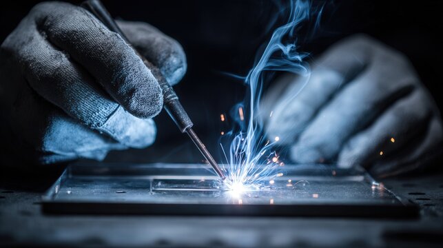 Measuring weld integrity closely. Technician evaluates weld quality amid sparks with measuring tools. Closeup of technician assessing weld seam integrity using gauges amidst smoke and sparks