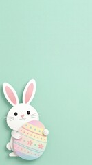 Obraz premium Cute rabbit holding decorated egg on pastel background with large empty space, vertical easter banner composition, spring holiday concept, copy space, Easter.