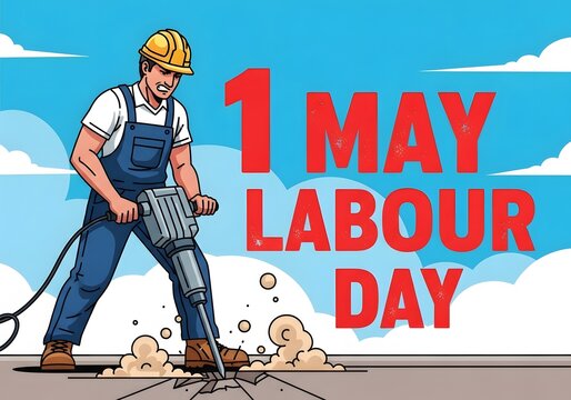 A cartoon illustration of a construction worker celebrating Labour Day