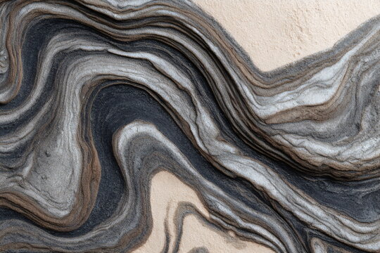 Abstract wavy layers of sedimentary rock in gray and beige tones forming natural swirling patterns. Geological texture resembling marble or stone strata for design backgrounds and artistic