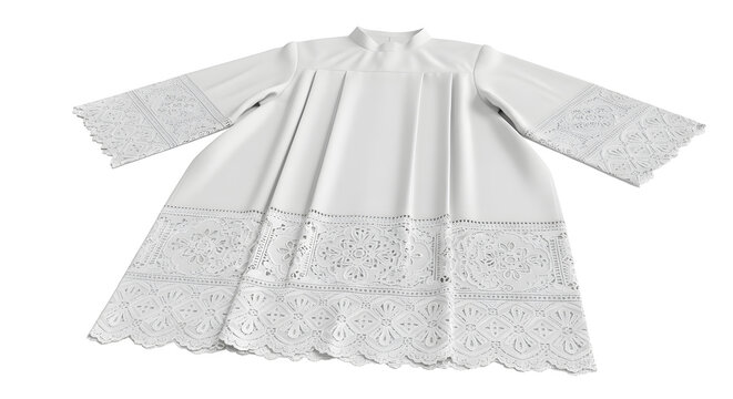 A white lace trimmed clergy robe laid out on a plain background