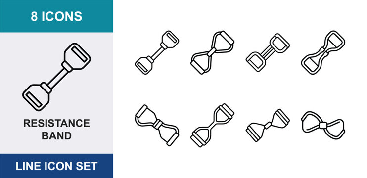 Resistance band line icon set, 8 icons of fitness elastic expanders for workout, gym equipment vector symbols for strength training and exercise