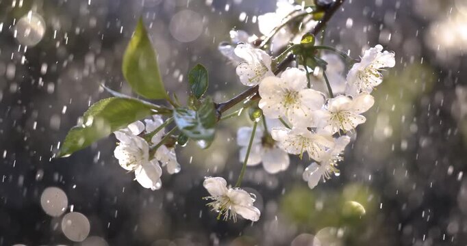 Cherry blossom period. Drops of spring rain fall on a cherry blossom. Shot on super slow motion camera 1000 fps.