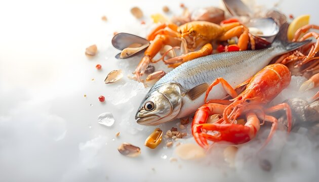 A delicious seafood platter with a fish and crustaceans on a white surface