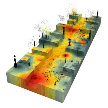 Abstract visualization of data flow and urban density across a stylized landscape.