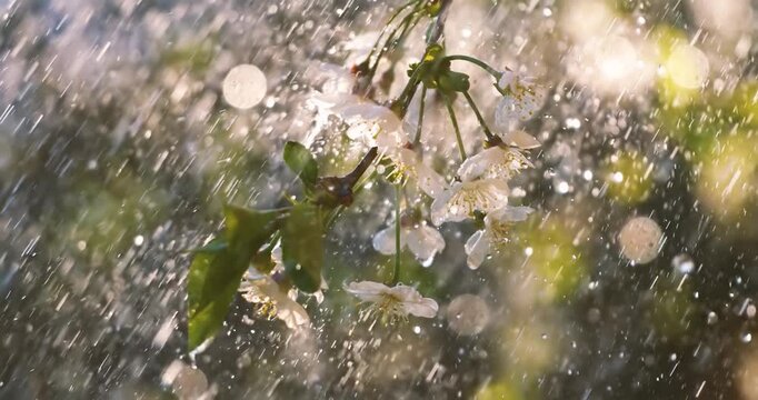 Cherry blossom period. Drops of spring rain fall on a cherry blossom. Shot on super slow motion camera 1000 fps.