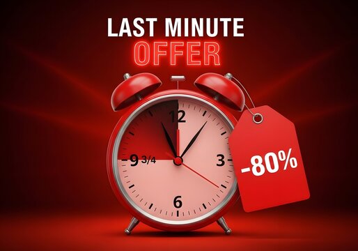 A red alarm clock with a discount tag
