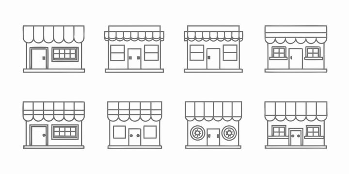A collection of simple line drawn storefronts with awnings and doors