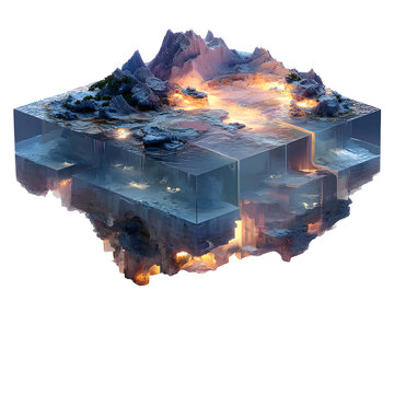 Miniature world erupts with fiery energy within a crystal cube revealing geological layers and flowing water.