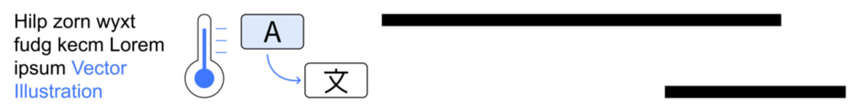 Language translation, education tools, multilingual communication, temperature tools, digital text, research. A thermometer and translation symbols with text boxes. Language translation and education