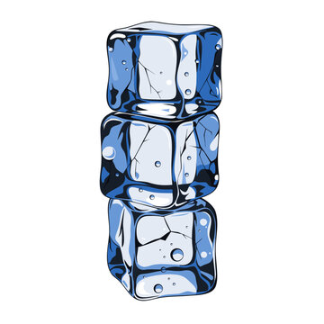 Blue three ice cubes stacked together with glossy surface and bubbles. Isolated on white background. Vector illustration.