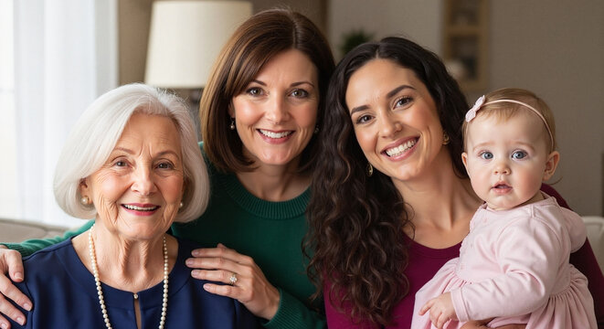 Four generations of women smiling together in a cozy living room  