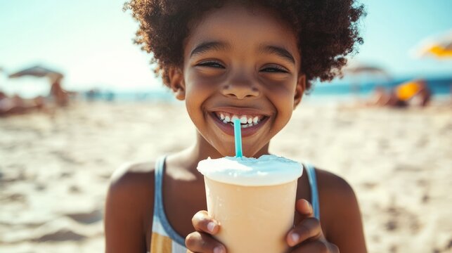 Young girl smiling and holding a refreshing drink on a sunny summer day