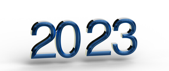 Happy New Year 2023 text with blue numbers on a white backdrop. Perfect for greetings and celebrations. © vegefox.com
