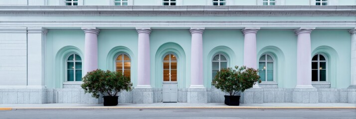 Fototapeta premium Pastel mint neoclassical facade with pink columns and arched windows, symmetrical elevation with potted shrubs and glowing interior light at dusk