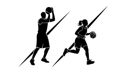 Naklejka premium Male shooting basketball and female running with ball silhouettes diagonal composition isolated on white background vector set