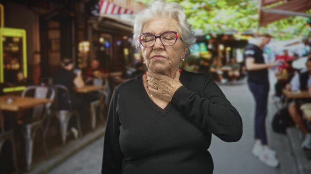 Elderly woman holding her throat with one hand and closed eyes at a busy street cafe wearing glasses and black sweater; distress health concern.