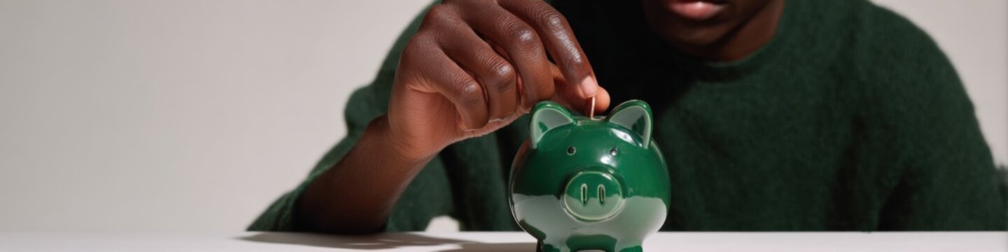 African male adult saving money into green piggybank hands placing coin budgeting financial planning close-up