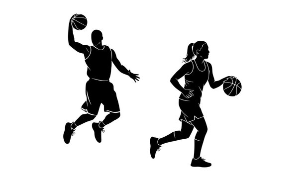 Basketball player dunking and running woman dribbling ball silhouettes isolated on white background sports vector illustration