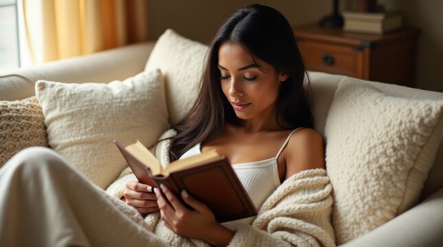 Tarde tranquila descansando en el sof&aacute; con una manta y un libro