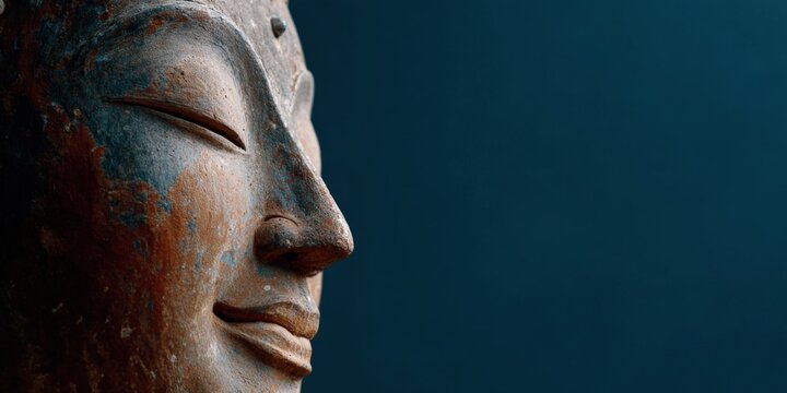 Tranquil buddha profile sculpture aged patina closeup teal background soft shadows contemplative mood