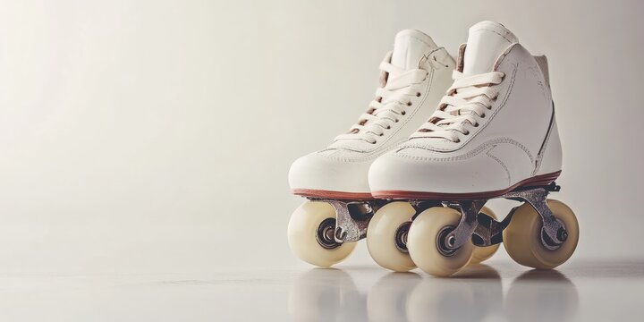 White classic quad roller skates standing on a plain background, evoking recreation and nostalgia