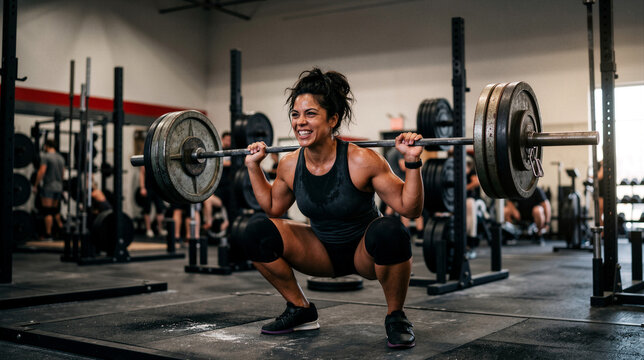 Strong Woman Performing Barbell Back Squat in Gym