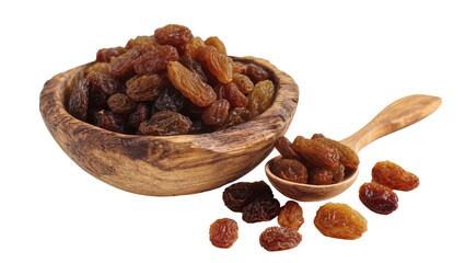 Obraz premium Rustic wooden bowl, spoon overflowing with dark brown wrinkled raisins