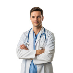Fototapeta premium Professional male doctor standing confidently with arms crossed isolated on transparent background