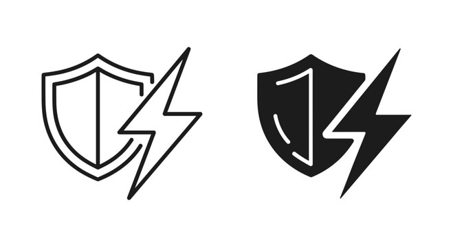 Surge protection icons with shield and lightning bolt, power surge safety symbols, electric voltage protection vector set in line and solid styles