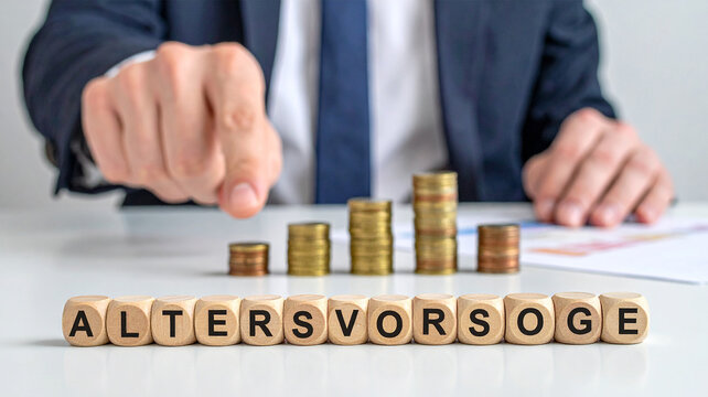 Altersvorsorge - Geschäftsmann zeigt auf das Wort "Altersvorsorge"