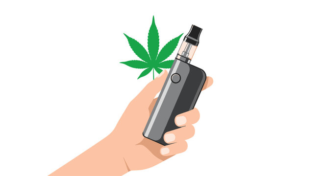 A human hand holds a dark gray vape device next to a green cannabis leaf on a white background.