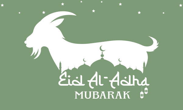 Green theme eid al adha mubarak poster featuring white goat silhouette and mosque architecture for religious celebration and islamic sacrifice festival vector illustration design for social media.