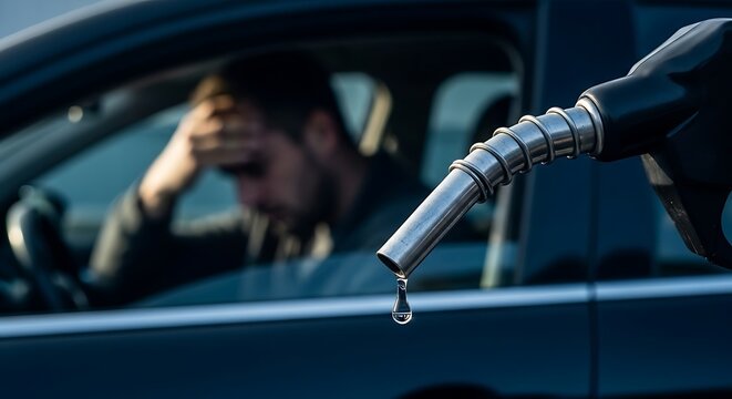 Man stressed about high gas prices with fuel nozzle dripping.