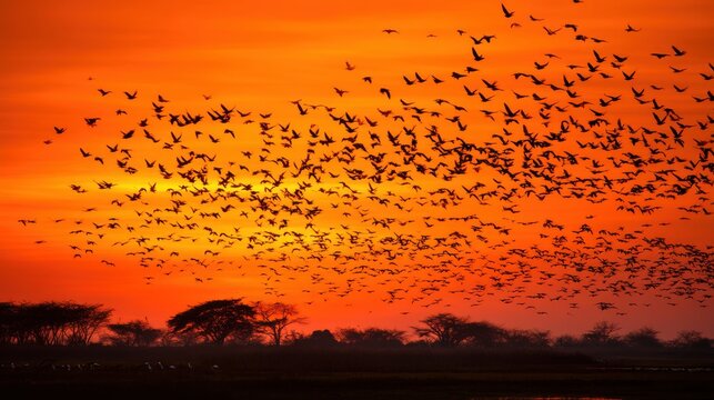 Sunset with large flock of birds flying over trees