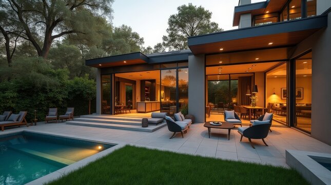A modern luxury home with a pool and outdoor living area illuminated at dusk, showcasing sleek architecture and contemporary design.