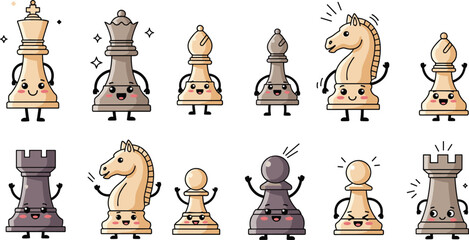 Cute cartoon chess pieces set kawaii style vector illustration featuring king queen rook bishop knight pawn characters for game design © MDSaiful