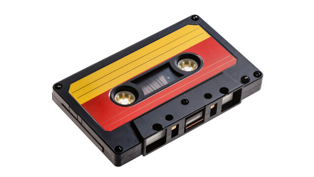 Vintage audio cassette tape featuring yellow spools red trim, and black plastic casing