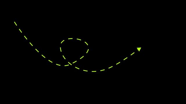 Long dotted beautiful line arrow to indicate an object white color animation. abstract target arrow icon black background 4k video.