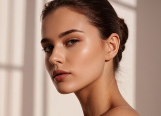Naklejka premium bright closeup with dramatic shadows, vivid portrait emphasizing luminous skin and striking features