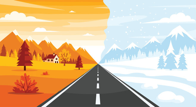 A straight central road sharply divides a picturesque landscape into warm autumn and cold winter scenes.