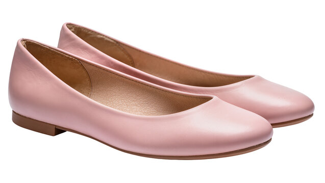 Pale pink leather ballet flats, pair of women s shoes angled