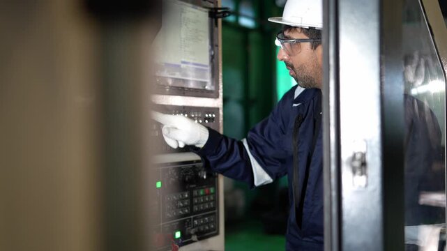 Operating cnc machine manufacturing facility industrial process controlled environment close-up precision engineering